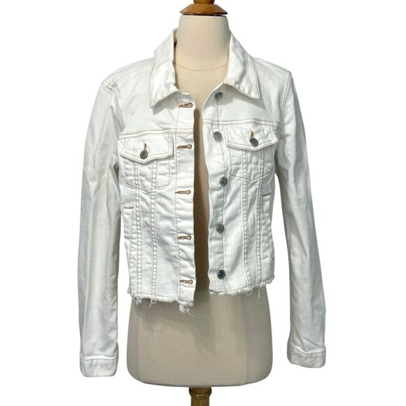 Veronica Beard Cara Cropped Denim Jean Jacket Ivory Off White Raw Hem Size S - Picture 1 of 15